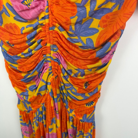 NWT Farm Rio Anthropologie Peony Floral Ruched Midi Dress Sz XS Colorful Stretch - Picture 4 of 13